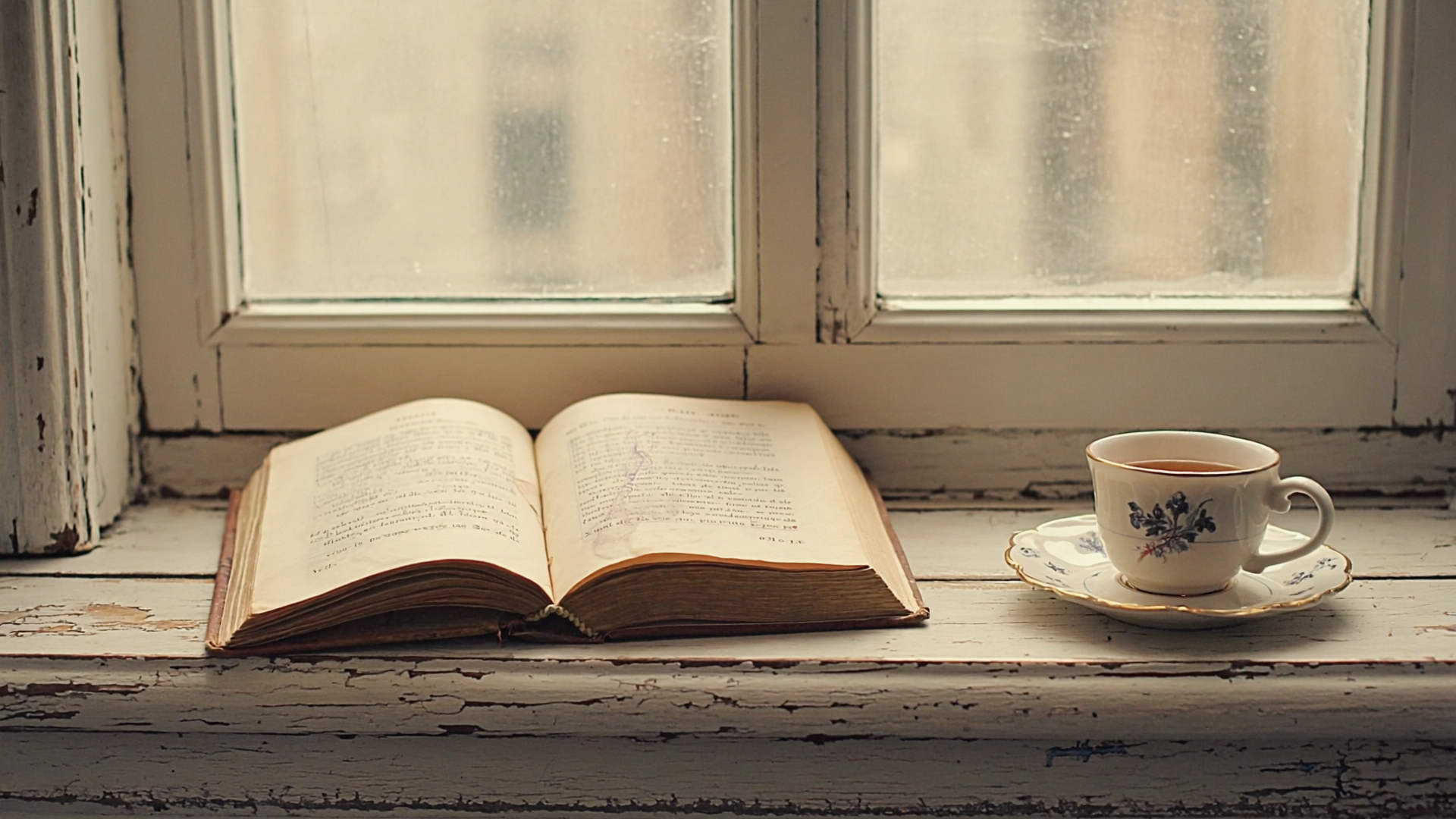 Ein aufgeschlagenes französisches Taschenbuch auf einem Fensterbrett, daneben eine halbleere Teetasse, gedämpftes Nachmittagslicht.