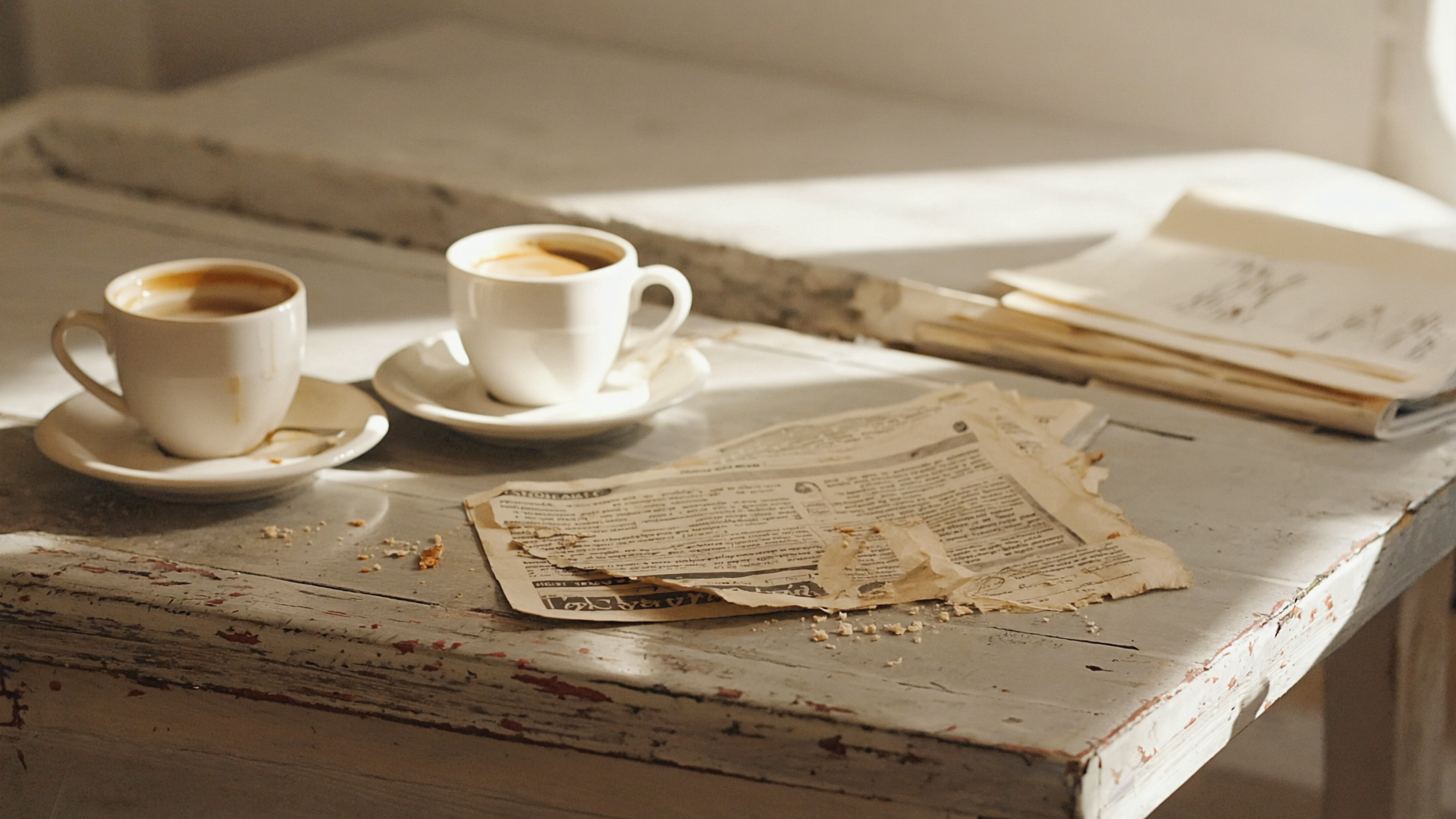 Zwei Tassen auf einem Holztisch im weichen Morgenlicht, eine Hälfte einer Zeitung daneben.