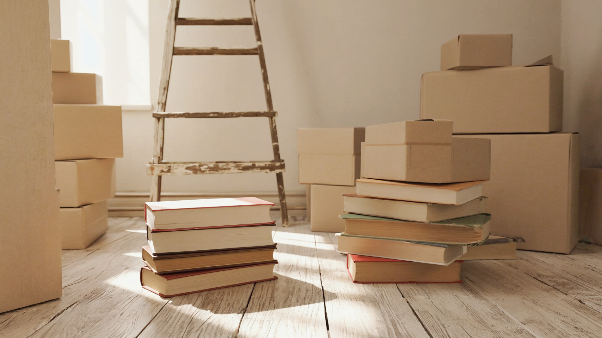 Zwei Stapel gebrauchter Bücher auf einem unverpackten Wohnzimmerboden, eine angelehnte Holzleiter im Hintergrund.